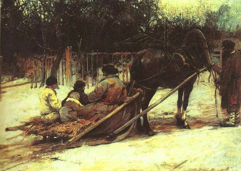 Сани крестьянина. Крестьяне на картинах русских художников. Дровни.